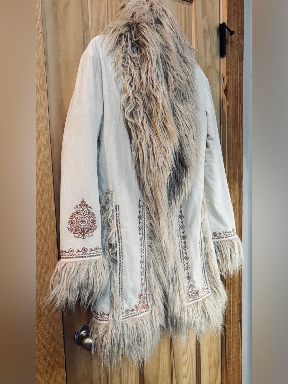 Spell & The Gypsy ‘Joplin’ Embroidered Penny Lane Faux Fur Trim Coat Sand Sable - Picture 2 of 10